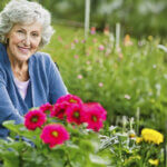 elderly woman smiling while gardening